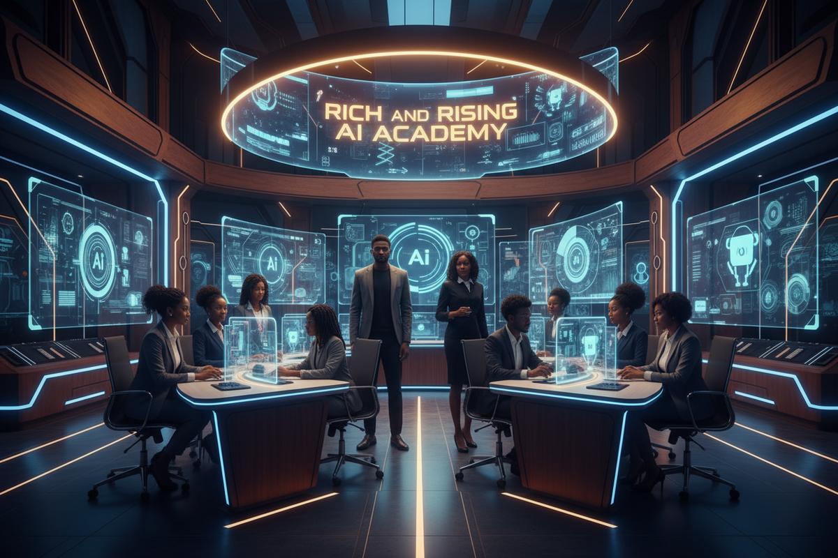 A group of confident young African professionals—men and women—working together in a futuristic tech learning space filled with holographic screens, glowing data streams, and AI icons. The room blends modern luxury and innovation, symbolizing growth, wealth, and digital transformation. A large screen in the background displays the words “Rich and Rising AI Academy.” The atmosphere feels inspiring, empowering, and filled with opportunity. Ultra-realistic, cinematic lighting, professional photo quality, futur