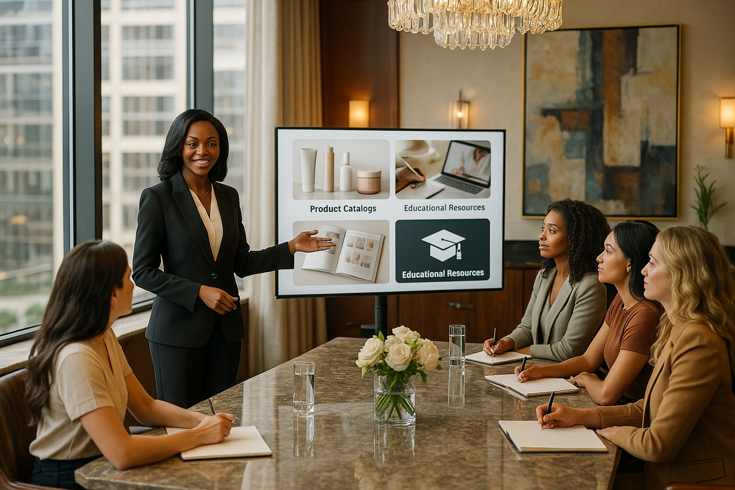 Generate for me an african american woman empowering other women entrepreneurs by providing a unique platform for direct access to products at the manufacturer's price and valuable educational resources. Make it to be in a classy place