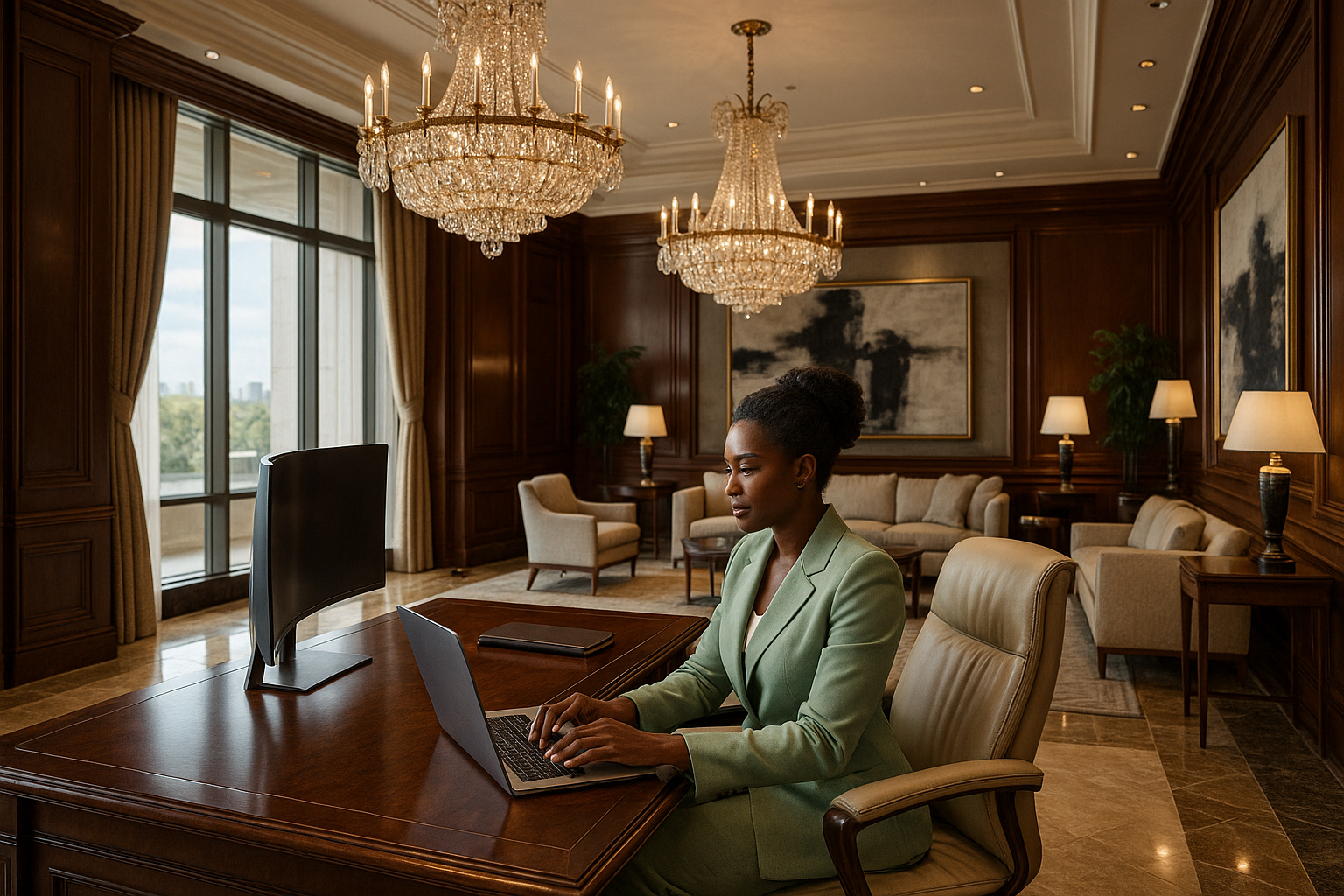 make the office more classy with chandeliers, big windows and art. a big office